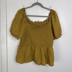 Old Navy Top Womens XL Extra Large Smocked Body Puff Sleeve Mustard Ruffle Hem